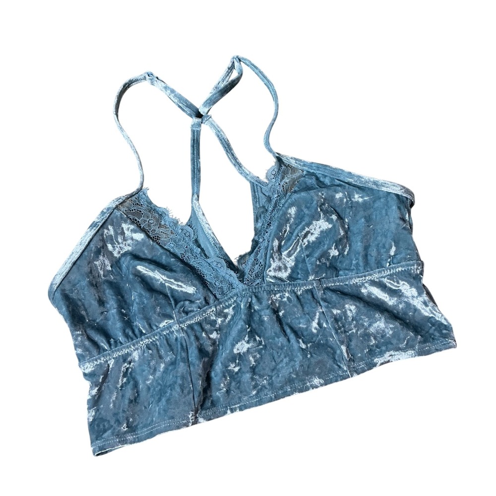Y2K Aerie Women‎ Velvet Lace Blue Crushed Trim T-Back Size M 4238-0602-243